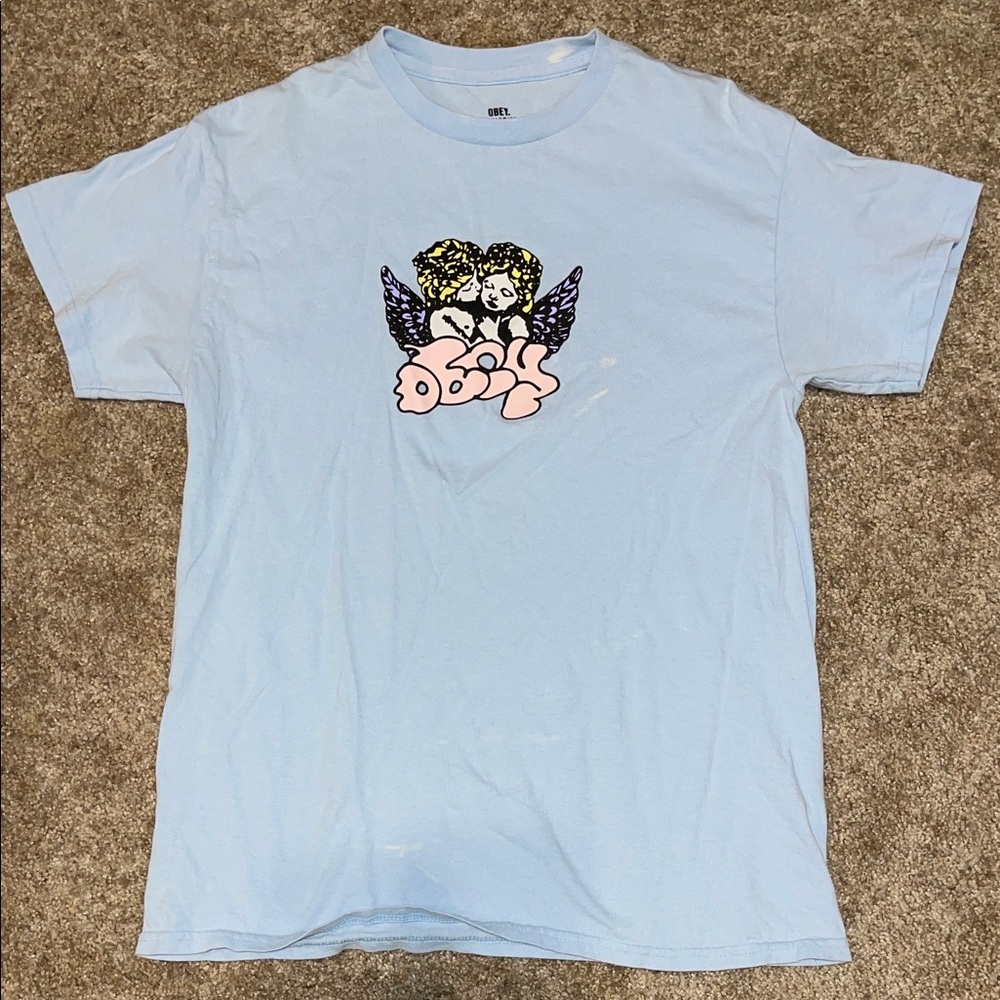 Obey Light Blue Graphic Tee with Angel Design